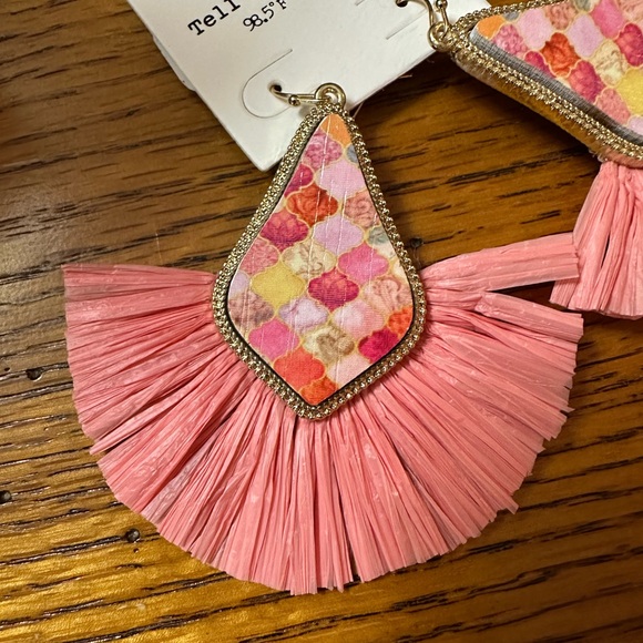 Peach and Gold Patterned Wood Raffia Tassel Earrings - Picture 3 of 7